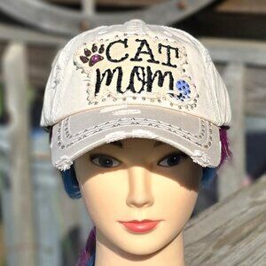Ladies Khaki Cat Mom BLING Hat NEW